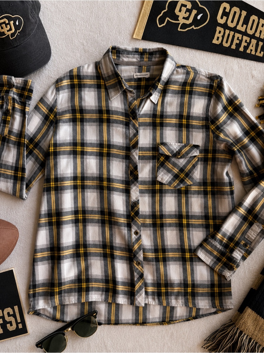 Check & Stripe Plaid Flannel Button Down Shirt Gray Mustard XL Cotton